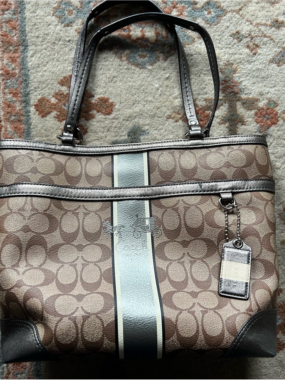 Coach Brown Signature Stripe Tote with Blue Center Stripe